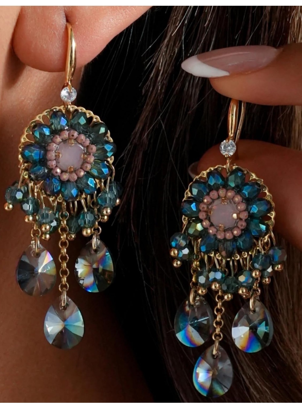 Anthropologie Gold-Tone Blue and Pink Crystal Chandelier Earrings - Picture 5 of 6